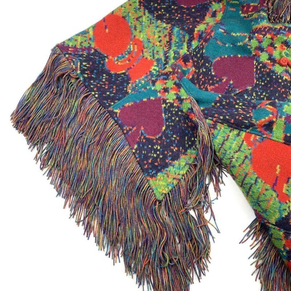 Missoni Vintage 80s 100% Wool Fringe Artsy Colorful Knit Jacket Poncho Women's M - Picture 8 of 16